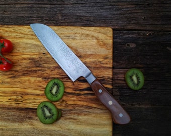 Santoku Damascus Steel Chef Knife, Walnut Handle, Kitchen Knife