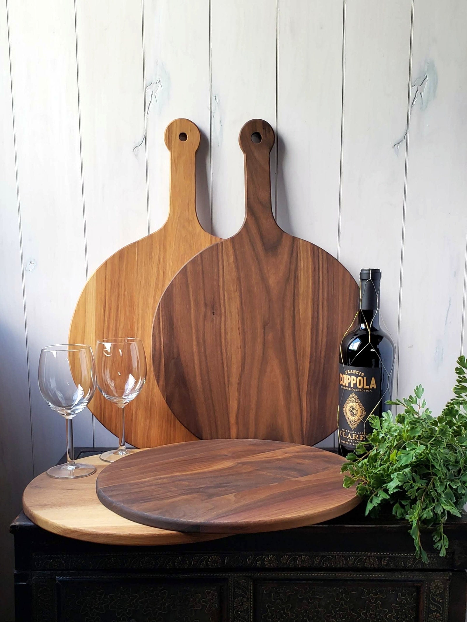 14 Inch Round Pizza Serving Board with Handle Pizza Paddle Etsy