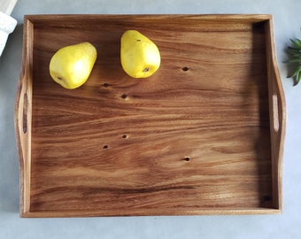 Contemporary Wood Serving Tray with Handles, Ottoman Tray 18x14, Coffee Table Tray Rectangle, Charcuterie Board