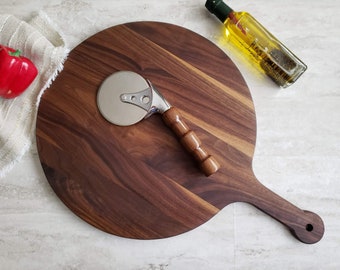 Round Pizza Serving Board, 14 or 16 inch With Handle and Pizza Cutter Gift Set, Walnut