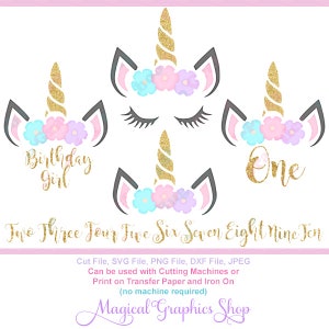 Unicorn head SVG Cutting File, Unicorns Birthday Girl Shirt, Heat Transfer Iron On Files Included