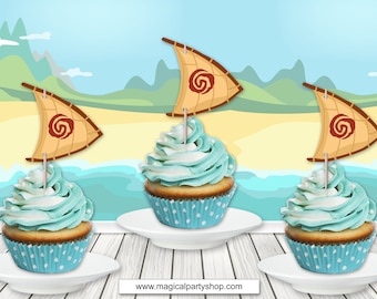 Moana cupcake toppers sailboat, Moana party, Moana decoration, Moana tableware