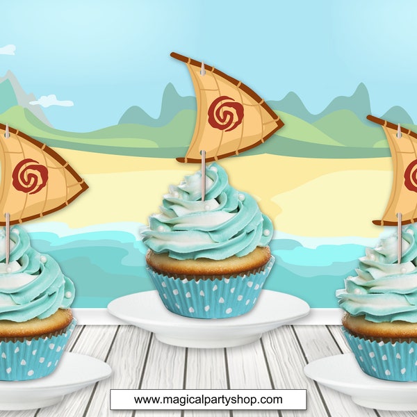 Moana cupcake toppers sailboat, Moana party, Moana decoration, Moana tableware