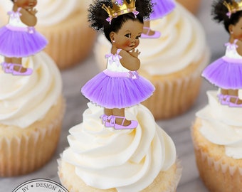 May include: Purple and gold cupcake toppers featuring a little girl wearing a purple tutu, a white shirt, and a gold crown. The cupcake toppers are perfect for a princess-themed party.