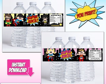 Super Hero water bottle Wrappers  YOU PRINT  Girl wrapper Boy wrapper