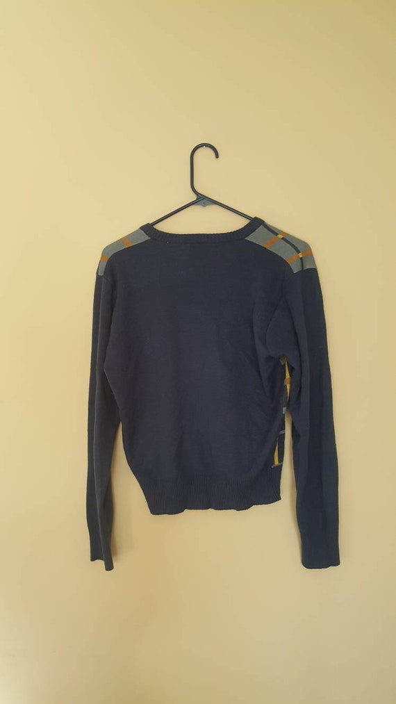 Vintage 70s Saxony Checked V-neck Sweater M - image 4