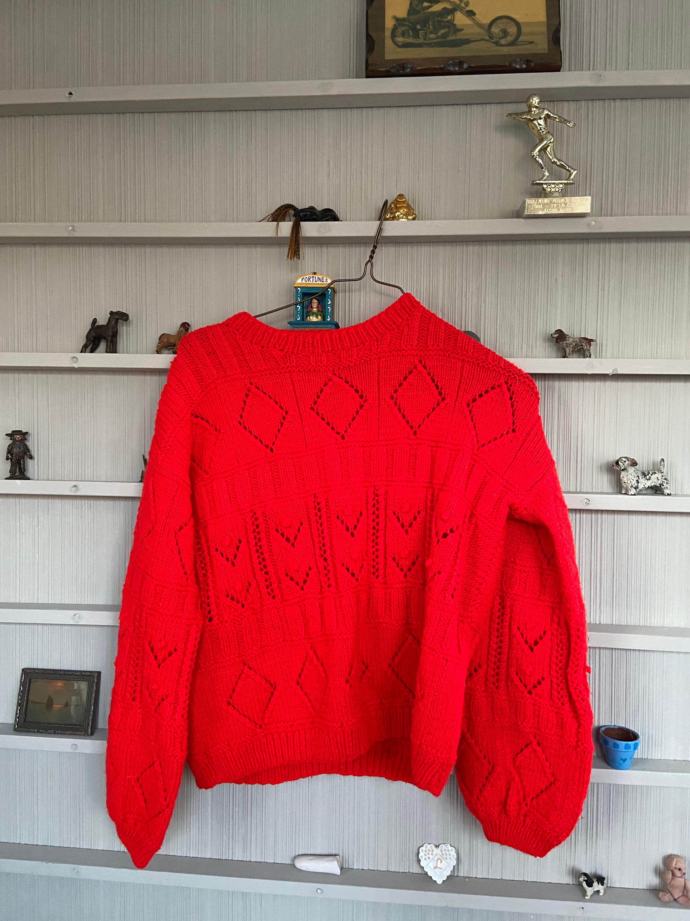 Vintage knit pattern red sweater Etsy