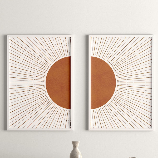 Sun Print Set of 2, Mid Century Modern Art, Terracotta Wall Art, Abstract Landscape, Boho Wall Decor, Minimal Art Prints