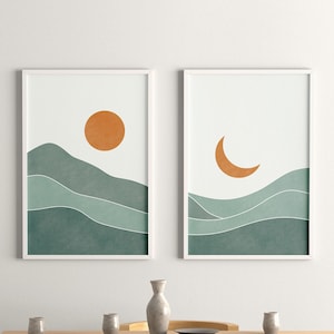 Mountain Print Set of 2 Terracotta Mid Century Landscape Wall Art Digital Prints Minimal Mountain Art Abstract Sun Print Digital Download