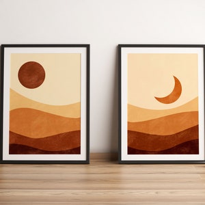 Sun And Moon Print Set of 2, Mid Century Modern Art, Terracotta Wall Art, Abstract Landscape, Boho Wall Decor, Minimal Art Prints