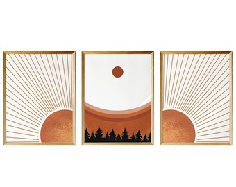 Boho Print Set of 3, Terracotta Wall Art, Abstract Landscape, Boho Sun ...