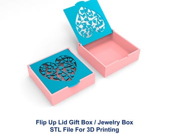 May include: A pink and blue 3D printed gift box with a heart-shaped lid. The lid has a cut-out design of a heart with leaves and smaller hearts. The box is labeled "Flip Up Lid Gift Box / Jewelry Box STL File For 3D Printing".