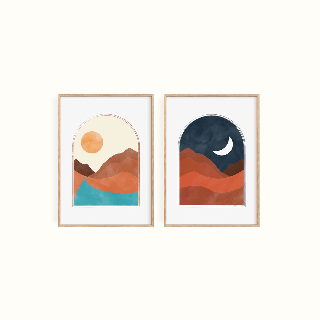 Sun and Moon Print Set of 2, Night and Day Wall Art, Terracotta Prints ...