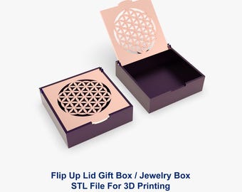May include: A purple gift box with a pink lid featuring a geometric flower design. The lid flips open to reveal the empty interior of the box.  STL File For 3D Printing