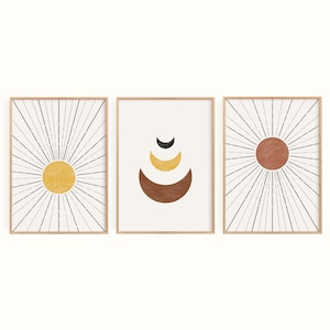 Mid Century Modern Sun And Moon Print Set of 3, Terracotta Wall Art, Abstract Landscape, Boho Sun Print, Boho Prints, Boho Wall Decor