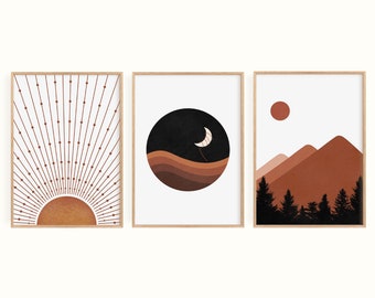 Boho Print Set of 3, Terracotta Wall Art, Abstract Landscape, Boho Sun ...