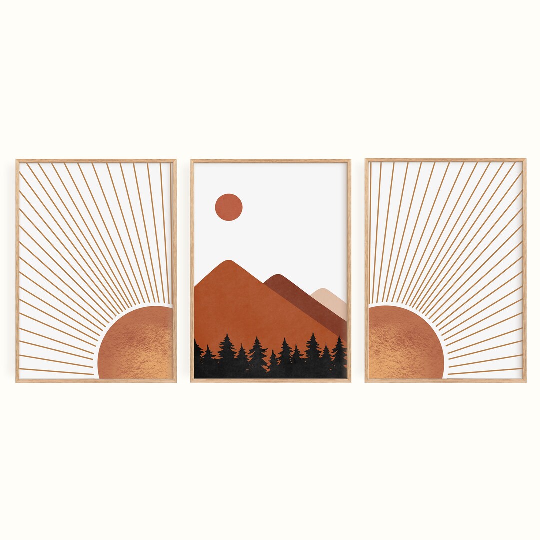 Boho Print Set of 3, Terracotta Wall Art, Abstract Landscape, Boho Sun ...