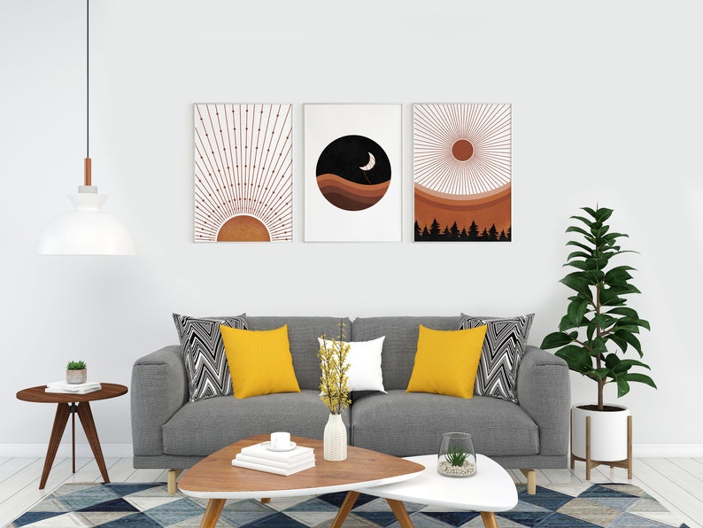 Boho Print Set of 3, Terracotta Wall Art, Abstract Landscape, Boho Sun ...