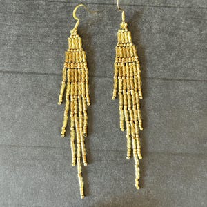 Gold Shimmery Fringe Earrings - Hand Beaded with Miyuki Delica Glass Beads