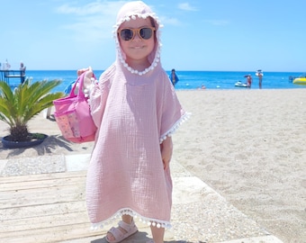 Children's bath poncho / Baby bath poncho / Muslin bath poncho / Summer poncho with pom-poms