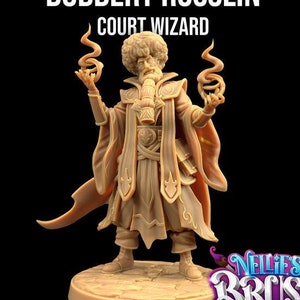 May include: A miniature figurine of a wizard with a long beard and a pointed hat, holding a staff with flames at the top. The figurine is standing on a round base with the text "25x25mm" and the logo "Nellie's Brush of Infinite Wonder".