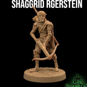 May include: A tan-colored miniature figure of a man holding a crossbow, with a sword on his back. The figure is on a round base, with the text "SHAGGRID RGERSTEIN" above and "25x25mm" below. The Curse of Traskvale Castle logo is on the right.