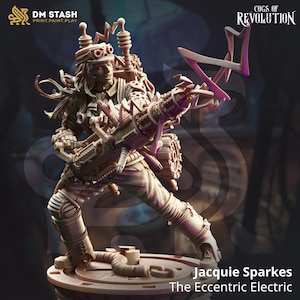 May include: A steampunk-style figurine of a woman holding a large, detailed, futuristic weapon. The figurine is painted in a light brown color and is standing on a circular base. The text "Cogs of Revolution" and "Jacquie Sparkes The Eccentric Electric" is visible in the image.
