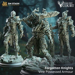 May include: Three miniature figures of knights in armor, covered in vines and leaves. The knights are posed in a fighting stance, with swords drawn. The figures are painted in a green and brown color scheme, with details in silver and gold. The figures are labeled "Forgotten Knights Vine Possessed Armour".