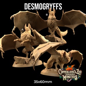 May include: Three painted figurines of a creature with a dog-like body and bat wings. The creature is standing on a round base. The bases are labeled A, B, and C. The text "DESMOGRYFFS" is at the top of the image. The text "COPPERLOCK'S ZOO OF REMARKABLE MONSTERS" is at the bottom of the image. The text "35x60mm" is below the text "COPPERLOCK'S ZOO OF REMARKABLE MONSTERS".