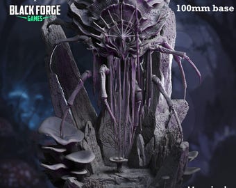 May include: A detailed, purple and grey fantasy miniature of Vaezirak, Lord of the Eldraeth, on a 100mm base. The creature has a complex, insectoid design with multiple limbs and a textured carapace. The base features mushroom-like formations and rocky terrain. The image includes the logos of DM Stash, Black Forge Games, and Drow From Beyond.