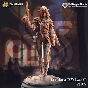 May include: A detailed miniature figurine of a female elf character, painted in a light brown color. She is wearing a leather jacket, pants, and boots. She is holding a pistol in her right hand. The figurine is standing on a circular base. The text "Lendara "Slickshot" Varth" is printed below the base.