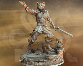 May include: A gray, detailed miniature figurine of a cat-like humanoid holding two pistols. The figure is standing on a decorative base with a genie lamp and a goblet. The base has the text "Kara'Ta" on it.