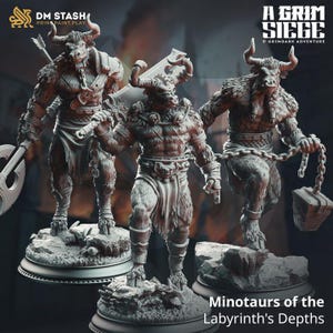May include: Three detailed miniature figures of Minotaurs, each with a different pose and weapon. The figures are painted in a gray color scheme and are ready to be painted. The figures are part of a GrimDark Adventure game.
