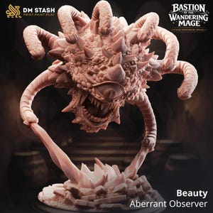 May include: A detailed, light pink Aberrant Observer miniature, a fantasy creature with multiple tentacles, a large central eye, and a toothy maw. The base features a rocky terrain. The image includes the text "DM STASH" and "Beauty Aberrant Observer".
