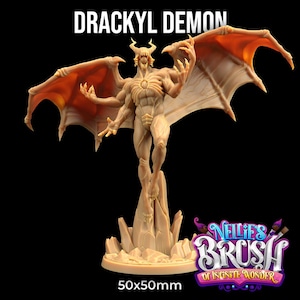 May include: A detailed miniature of a Drackyl Demon with four arms, wings, and a base. The demon is painted in a light brown color and is standing on a rocky base. The miniature is 50x50mm.