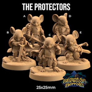 May include: Five miniature painted figurines of mice dressed as knights, each holding a sword or staff. The mice are standing on round bases. The bases are labeled A, B, C, D, and E. The text "The Protectors" is at the top of the image. The text "25x25mm" is at the bottom of the image. The text "Critterfolk of Bluewoods Barrow" is at the bottom right of the image.