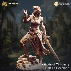 May include: A detailed brown figurine of Karisia of Timberly, a Half-Elf Hexblade, standing on a rocky base. She is holding a sword and has a hand raised. The image includes the text "DM STASH PRINT.PAINT.PLAY" and "ELVES OF THE GOLDEN SUN".