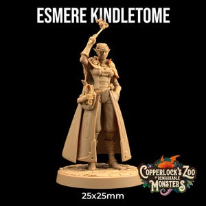 May include: A painted miniature figurine of a female elf wizard holding a staff. She is wearing a long robe with a book bag and is standing on a round base. The base is labeled "Copperlock's Zoo of Remarkable Monsters" and "25x25mm".