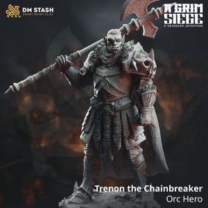 May include: A grey plastic miniature of an Orc warrior holding a large axe. The Orc is wearing armor and a cape. The miniature is labeled "Trenon the Chainbreaker" and "Orc Hero".