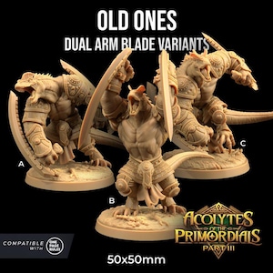 May include: Three miniature figures of Old Ones, a type of creature from the Acolytes of the Primordials Part III tabletop game. Each figure is painted in a brown and tan color scheme and features a dual arm blade weapon. The figures are posed in different dynamic stances. The figures are 50mm in size.