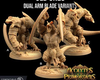 May include: Three miniature figures of Old Ones, a type of creature from the Acolytes of the Primordials Part III tabletop game. Each figure is painted in a brown and tan color scheme and features a dual arm blade weapon. The figures are posed in different dynamic stances. The figures are 50mm in size.