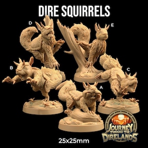 May include: Five miniature, unpainted, plastic dire squirrel figurines, each with a different pose, on round bases. The bases are textured to look like dirt and have a small, raised, circular design in the center. The figurines are 25mm in diameter. The text "DIRE SQUIRRELS" is at the top of the image, and the text "25x25mm" is at the bottom of the image. The text "JOURNEY THROUGH THE DIRELANDS" is at the bottom of the image.