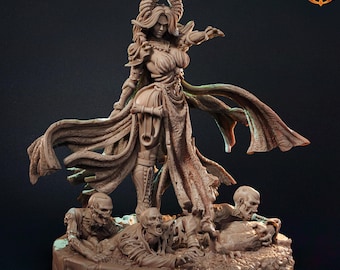 May include: A detailed miniature figurine of a female figure with horns, wearing a flowing robe and standing over three skeletal figures. The figurine is made of a light brown material and is set on a base with a textured surface.