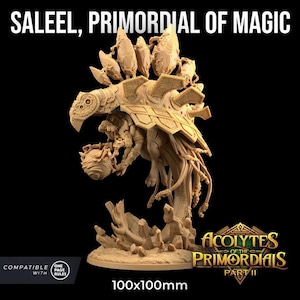 May include: A detailed miniature of Saleel, Primordial of Magic, a creature with a turtle-like shell and multiple crystal-like appendages. The miniature is painted in a beige color and is 100mm x 100mm.