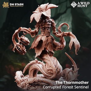 May include: A detailed, brown resin figurine of a plant-like creature, "The Thornmother," with a floral head and leafy skirt. The figure has thorny arms and a base with the text "Corrupted Forest Sentinel."