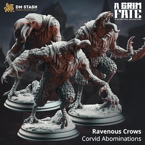May include: Three detailed, gray Ravenous Crows, corvid abominations, are displayed. The creatures have bird-like legs, feathered bodies, and large beaks. The text "A Grim Fate" and "DM Stash" are visible.