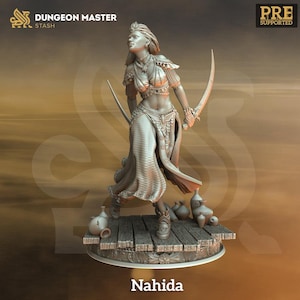 May include: A detailed figurine of Nahida, a female character, holding two curved swords. She is dressed in ornate attire and stands on a wooden platform with small decorative vases. The words "Dungeon Master Stash" and "Pre Supported" are visible.