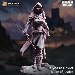 May include: A detailed figurine of Delyna ro Unviel, Blade of Justice, from The Great Crusade. The figure is in a dynamic pose, wearing armor and a hooded cloak, holding a sword. The figure is a light color, with the DM Stash logo visible.