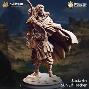 May include: A detailed figurine of a Sun Elf Tracker named Sactarin, with long flowing hair and intricate clothing. The figure is posed with a bow and arrow, and a cape. The base has a textured appearance. The logos for DM Stash and Elves of the Golden Sun are visible.