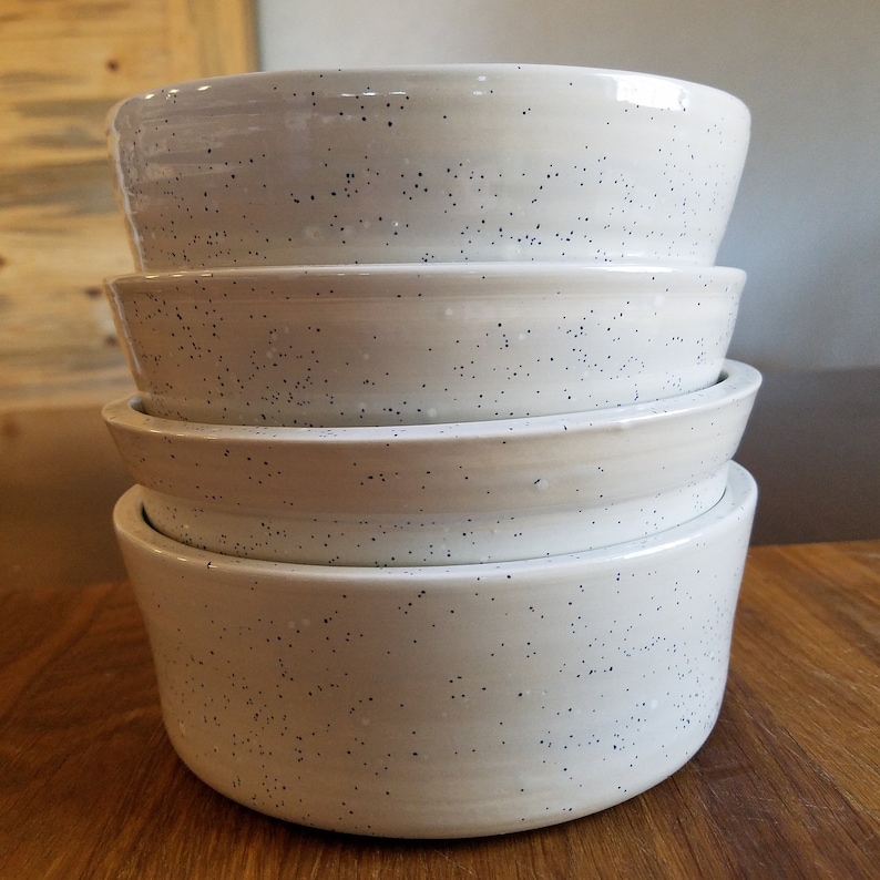 Modern Set of 4 Handmade Ceramic Pasta or Salad Bowls Oatmeal Kitchen Display Speckled White Wheel Thrown Ceramic Pottery Ramen